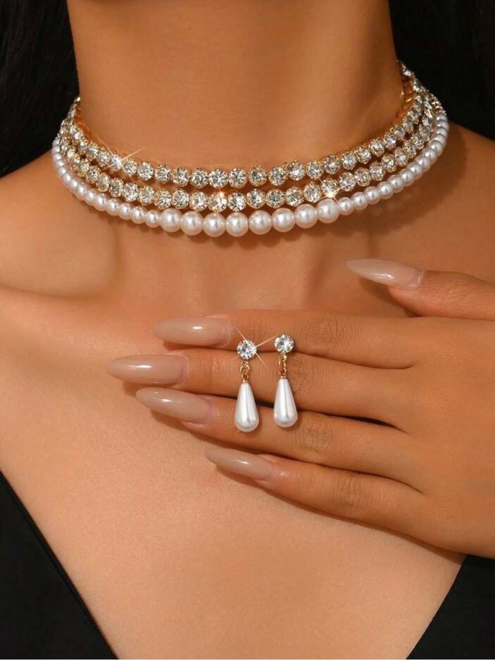 Gold-Tone Pearl & Crystal Layered Choker Necklace with Pearl Drop Earrings